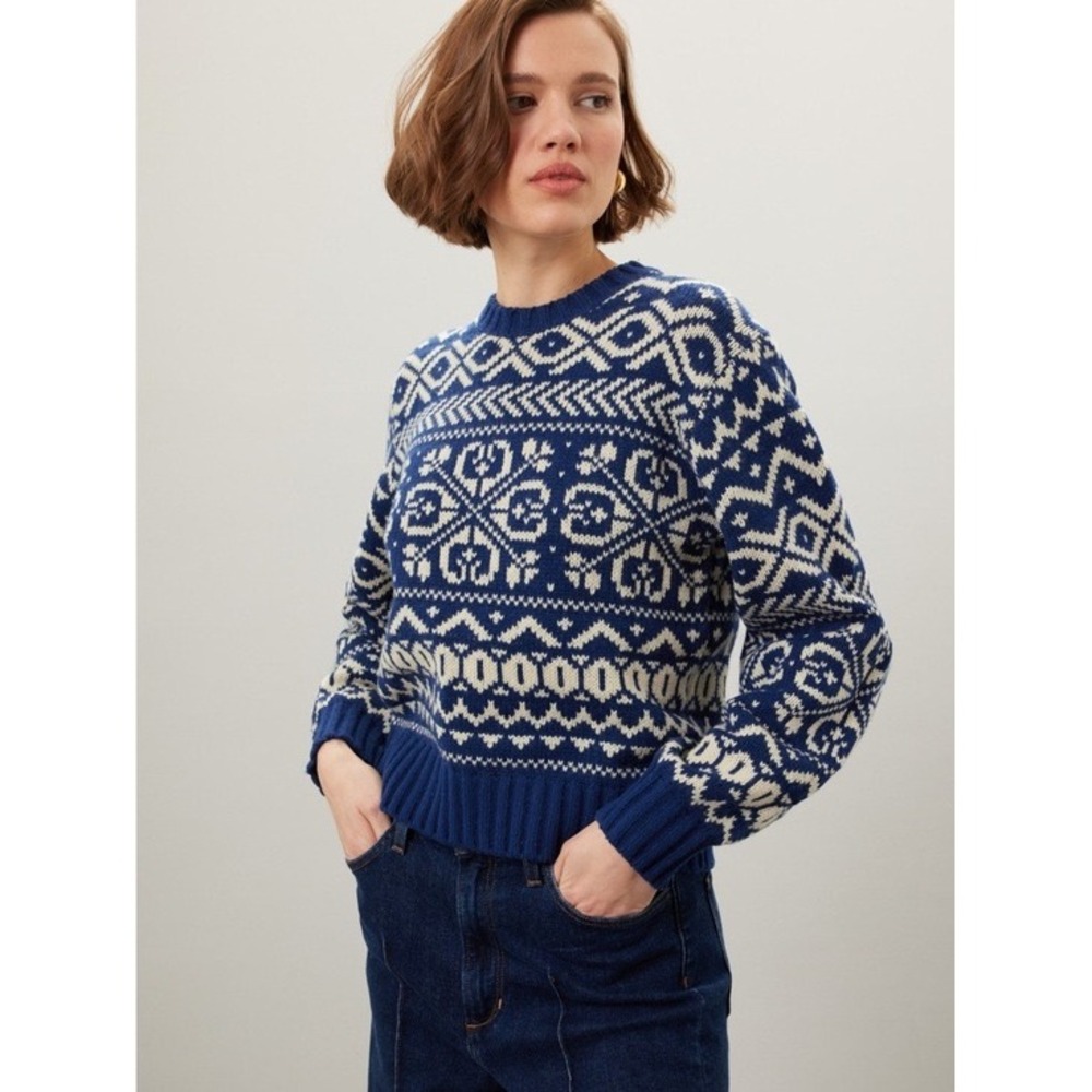 Polo Ralph Lauren Snowflake Wool-Blend Sweater Navy Cream Nordic Crewneck Large